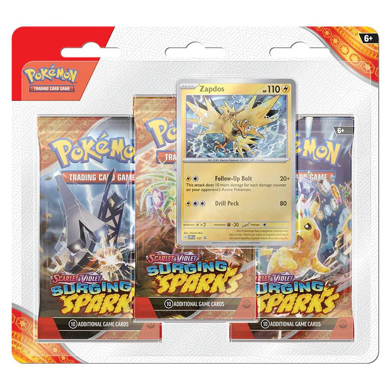 Pokémon Scarlet & Violet – SV08 Surging Sparks – 3-Pack Blister Zapdos